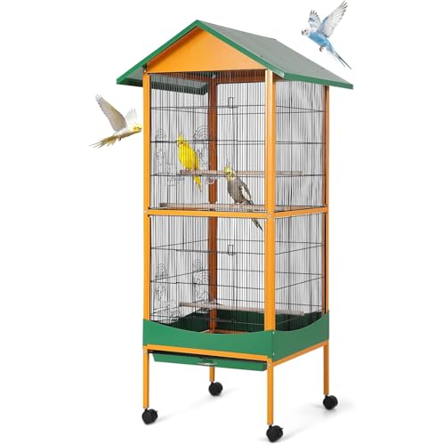 66'' Extra Large Parrot Bird Cage with Rolling Stand, Removable Tray, Waterproof Roof & Lockable Casters, Durable Wrought Iron Bird Cages for Macaw, Cockatiel, Budgie, Lovebird