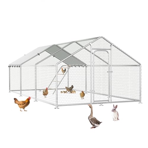 Large Metal Chicken Coop with Roosting Perch and Cover | Spire roof outdoor walk-in cage with waterproof UV-resistant cover, 10' x 19.7' x 6.4' enclosure for chickens - size: 236.4"L x 120.0"W x 76.8"H