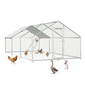 Large Metal Chicken Coop with Roosting Perch and Cover | Spire roof outdoor walk-in cage with waterproof UV-resistant cover, 10' x 19.7' x 6.4' enclosure for chickens - size: 236.4"L x 120.0"W x 76.8"H