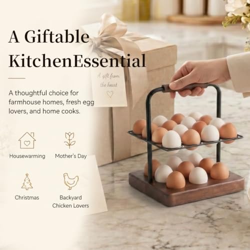 Farmhouse Wooden Egg Holder Countertop, 2-Tier Walnut Wood & Metal Egg Rack with Handles for 25 Fresh Eggs, Rustic Egg Tray Organizer for Kitchen Counter, Holds Eggs Farm Fresh Storage