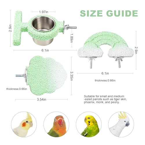3pcsRainbow Cloud-Shaped Bird Perch Platform + Beak Conditioning Stone + Stainless Steel Feeder,Parrot Perch for Cage Volcanic Rock Mineral Bird Perch,for Parakeets,Cockatiels,Lovebirds（Green） - color: G