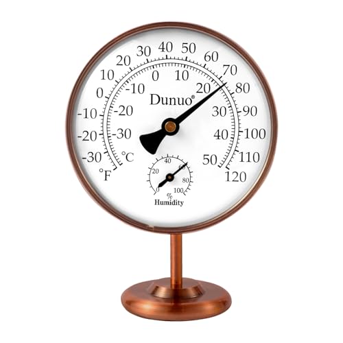 4-Inch Brass Outdoor Thermometer & Humidity Gauge, Tabletop | Battery-Free Analog Gauge, °F/°C Dual Scale, Antique Copper Stand, Vintage Home Decor for Desk, Bedroom & Patio