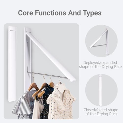 Wall Mounted Folding Clothes Drying Rack, Aluminum,Pearl White | Collapsible indoor laundry rack for small spaces. Folds to 0.39in thick. 65lb Aluminum won't rust. Drill or adhesive mount. - color: Pearl White