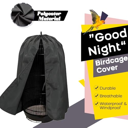 QBLEEV Round Parrot Birdcage Cover, Pet Universal Blackout Cage Cover Shade | Windproof light-proof sleep reduces distractions night accessories cloth without cage, bow tie clouser, easy to wear - color: Black