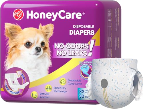 HONEY CARE All-Absorb Disposable Female Dog Diapers Extra Small Size, Improved, Super Absorbent, Breathable, Wetness Indicator, 50 Count (Pack of 6) - size: X-SMALL(Pack of 6)
