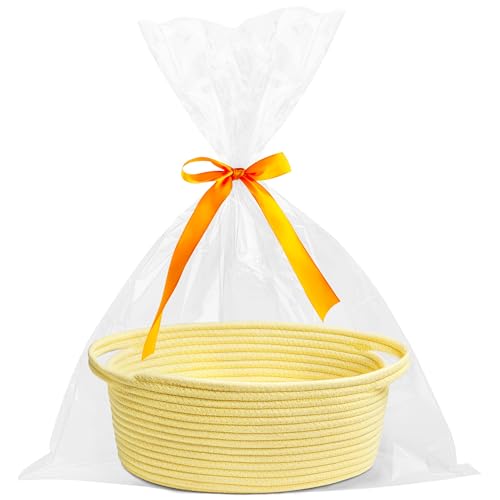 Pro Goleem Small Woven Basket with Gift Bags and Ribbons Durable Baskets for Gifts Empty Small Rope Basket for Storage 12"X 8" X 5" Baby Toy Basket with Handles, Yellow - color: Yellow