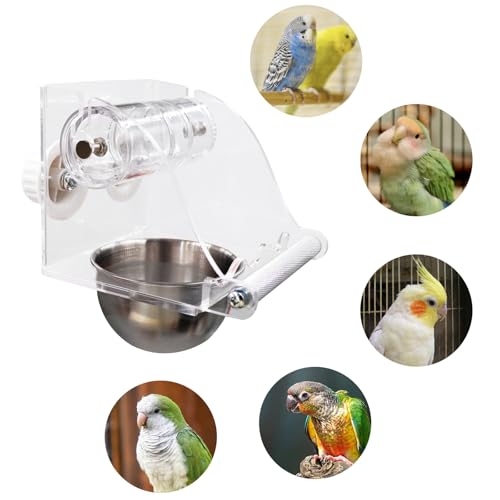 Interactive Bird Feeder with Rolling Foraging Toy - Clear Acrylic Treat Dispenser & Stainless Steel Bowl for Small to Medium Birds | Cage-Mounted with Rust-Resistant Metal Perch