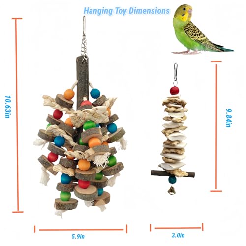 Bird Parrot Toys for Cage, 2 Pack Chew Toys with Apple Wood Slices, Cuttlebone & Colorful Blocks for Parakeets,Cockatoos, Conures, Cockatiels (Apple Wood Chips + Cuttlefish Bone) - size: Apple wood chips + cuttlefish bone