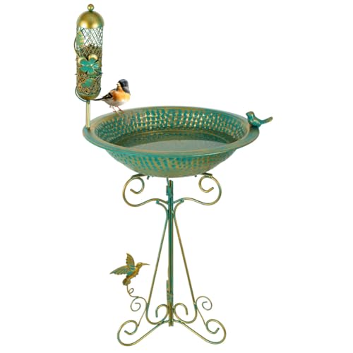 dreamysoul Bird Bath 13" Dia Bowl, Metal Birdbath with Mesh Feeder, Pedestal Bird Baths for Outside Outdoors Garden Patio Yard
