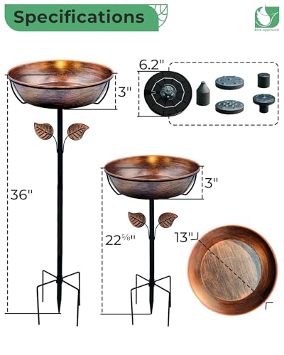 13" Metal Bird Bath with Solar Fountain, Battery & LED | 6.3" Fountain, 4 Fixed Rods, 5 Spray Patterns, 3" Deep Bowl, 1.4 Gallon Capacity, 5-Prong Stake for Flowing Water Feature
