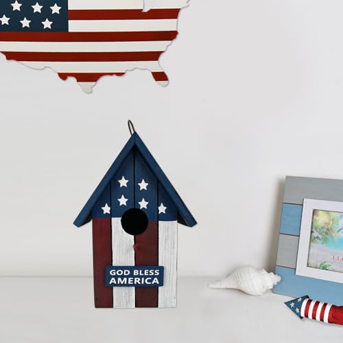 Patriotic Wood Bird House for Outside, US Flag Garden Decorative Wooden Bird House Hanging Birdhouse Home for Wrens and Small Birds