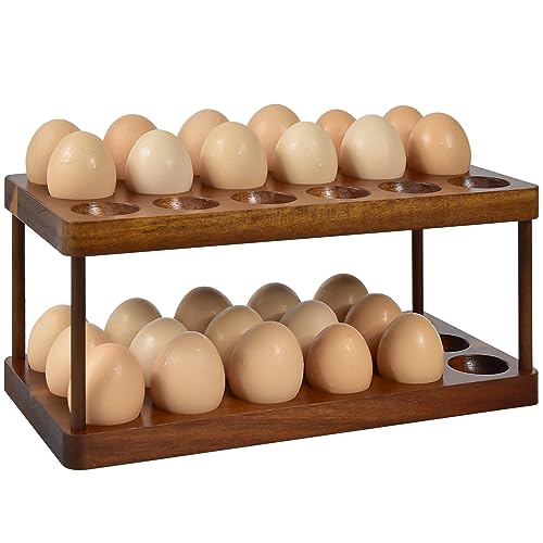 Sishynio 2 Tier Acacia Wood Egg Holder Countertop, 36 Egg Storage Rack | Double Layer Farmhouse Kitchen Egg Tray Organizer; Fresh Egg Storage Rack Basket for Countertop, Fridge, Cabinets and Pantry - style: 2 tier acacia wood egg tray