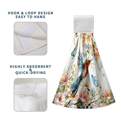 Floral Birds Hand Towels with Hanging Loops Garden Watercolor Floral Hummingbird Butterfly Hanging Kitchen Towels Set of 2 Spring Summer Soft Absorbent Bath Tie Towel Oven Stove Dish Washcloths - color: Floral Birds