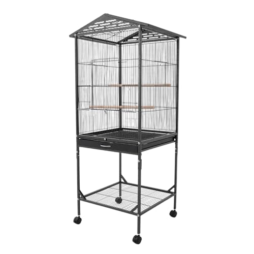 Bird Cage, 18.11 x 18.11 x 49.21 Inch Mobile Bird Flight Cage Large Metal Parakeet Cage w/Slide-Out Tray & Storage Shelf for Budgerigars Lovebirds Kea Parrots & Sun Conures - color: Black, size: 18.1"L x 18.1"W x 49.2"H
