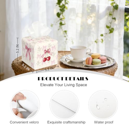Watercolor Pink Bow Cherry Tissue Holder, Coquette Decor Gift | 5.2Inch Coquette Pink PU Tissue Box Cover, Decor for Vanity,Bedroom,Restroom & Dorm, Birthday & Girls Holiday Gift - color: White Decoration Theme-13