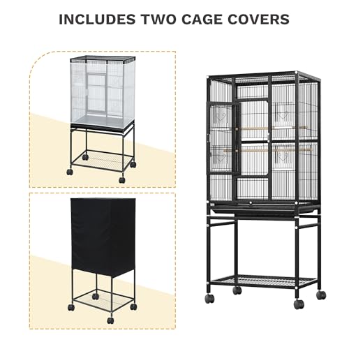 DWVO 53.9-Inch Metal Bird Cage | Large Parrot Cages with Seed Catcher & Cover - Rolling Stand with Brakes - color: Black, size: 24.0"L x 16.9"W x 53.9"H