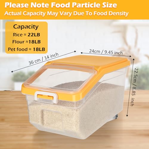 4 Pcs Rice Storage Container 22 lb Airtight Flour Container with Wheels Measuring Cup Clear Pet Dog Cat Birds Food Bin Grain Cereal Organizer Box for Dry Baking Supplies(Yellow Lid) - color: Yellow Lid, size: 22 lb