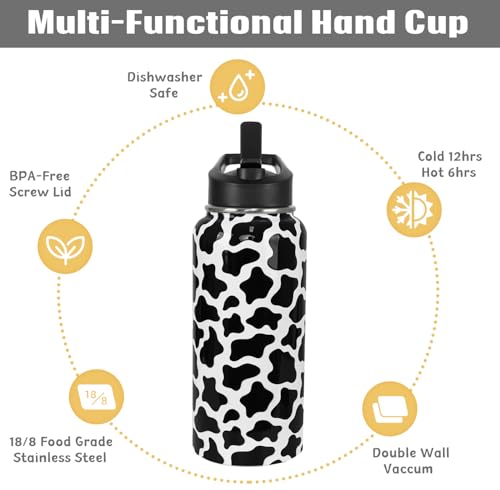 Cow Print Water Bottle with Straws Insulated Cowboy Travel Thermal Double Walled Vacuum Cup Leak Proof Stainless Steel Tumbler Cow Lovers Decor Gifts-32 oz - color: Black white