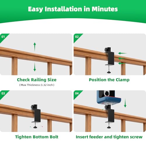 Metal Clamp-On Railing Mount Designed for BirdBuddy Pro1 /2 Smart Feeder, Heavy-Duty Adjustable Bracket Fits Deck Rails up to 3.32" Thick, for Fence, Handrail & Balcony (No Drilling)