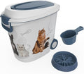 DRATO Pet Food Storage Container with Wheels 30LB Capacity | Resin, Slow Feeder Bowl and Scoop, Easy to Move, Keep Food Fresh, For Dogs, Cats, Birds - color: Blue