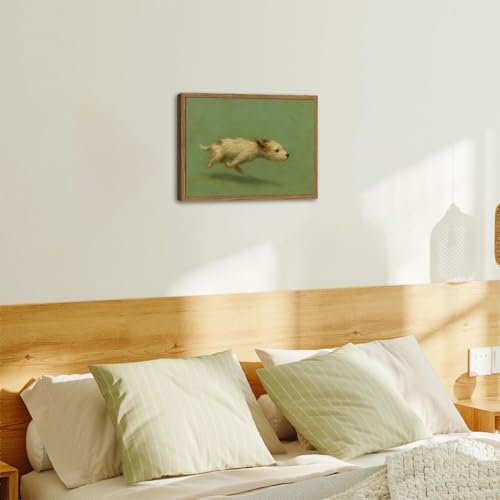 Funny Dog with Zoomies Wall Art Cute Terrier Dog Running Wall Decor Picture Vintage Animal Poster Canvas Painting Print Cute Pet Artwork for Living Room Bedroom 12x16 inch Wood Framed - color: Animal -Q, size: 16"L x 12"W
