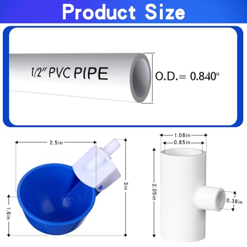49 Pcs Automatic Chicken Waterer System Includes Chicken Water Cups 1/2" PVC Tee Fittings, PVC Pipes with Float Valve Controlled Fitting Poultry Waterer Chicken Water Feeder