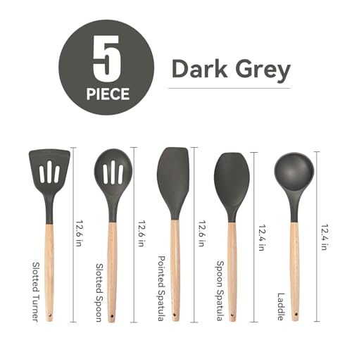 Non-Stick Silicone Cooking Utensils Set, 5 Pcs with Wooden Handle, Heat Resistant Silicone Kitchen Gadgets (Gray) - color: 5 PCS Set Grey