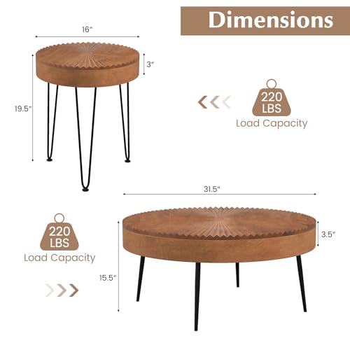 Giantex Boho Round Coffee Table Set of 2, Sofa Side Nesting Table with Solid Pine Wood Top, Metal Legs & Adjustable Foot Pads, 31.5" D Large Table Set for Living Room (Radial Pattern, Brown) - color: Brown, style: Radial Pattern