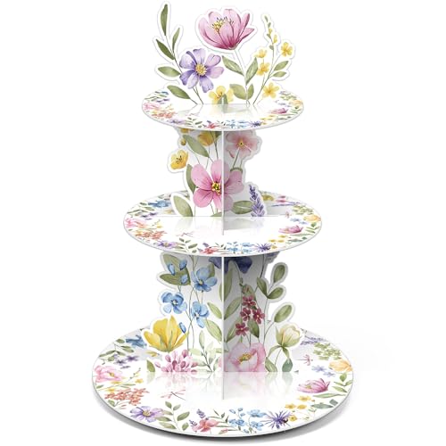3 Tier Wildflower Party Decoration Baby in Bloom Baby Shower Cupcake Stand Spring Wildflower Cupcake Tower Floral Themed Cake Holder Dessert for Flower Birthday Party Decoration Supplies - style: Wildflower