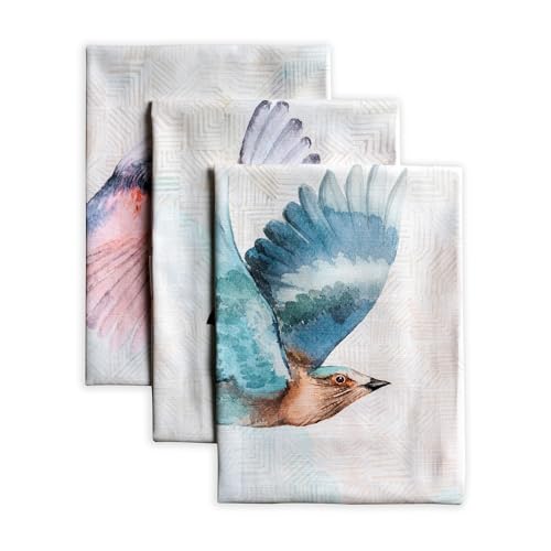 Maison d' Hermine Kitchen Towels Set of 3 Reusable 100% Cotton 27.50" x 20" | Cloth Tea Dish Towels Absorbent with Hanging Loop for Kitchen Dining Party Wedding Hotel Home Spring Summer - Flying Birds - color: 045 - Flying Birds