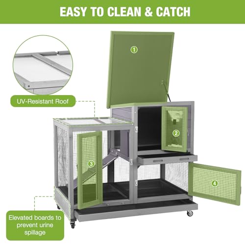 GUTINNEEN Rabbit Hutch Mobile Bunny Cage Indoor with Run Rabbit House for Small-Medium Animals with Waterproof Roof(Grey) - color: Grey