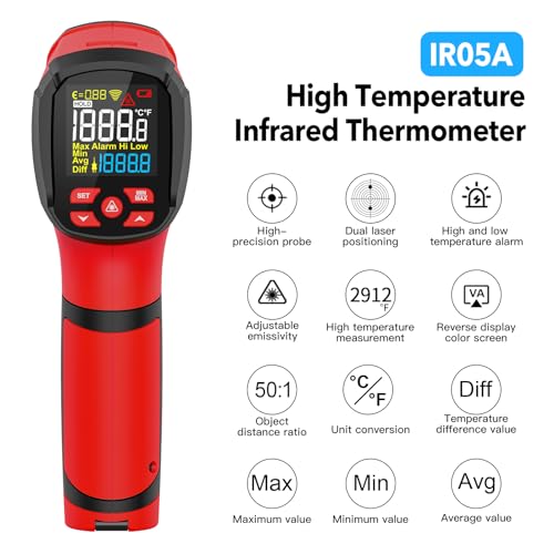 Infrared Thermometer High Temperature Gun -40℉~2912℉, 50:1 Dual Laser Thermometer with Probe 14℉ - 932℉, Digital IR Temp Gun for Cooking, Pizza Oven, Engine, Kiln, Forging, Industrial Use - color: Red -40°F - 2912°F(-40-1600℃)