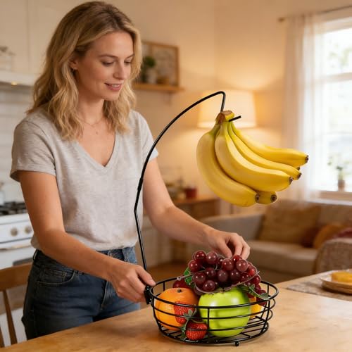 Fruit Basket for Kitchen Counter - Fruit Bowl with Banana Hanger, Rust-Proof Metal Frutero Produce Fruit Holder for Kitchen
