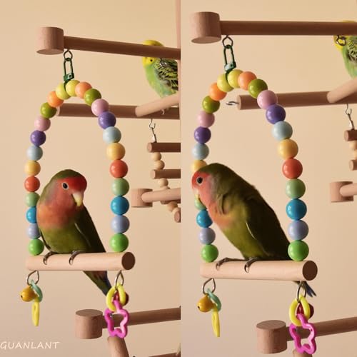 Large Bird Swing for Cage Parrot Wooden Perch Stands Cockatiel Hanging Toy | Colorful Acrylic Beads Bell, Parakeet Climbing Chewing Toys, Playground Birdcage Accessories for Quaker Conures Lovebirds - color: Multi-color