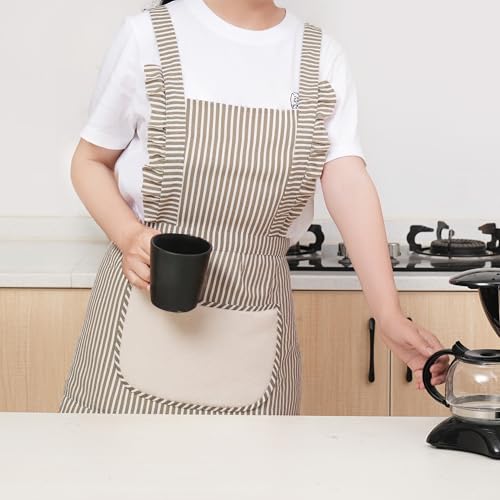 Cute Cotton Apron for Women, Adjustable Bib Cooking Kitchen Aprons with Pockets for BBQ Drawing Baking - color: Grey