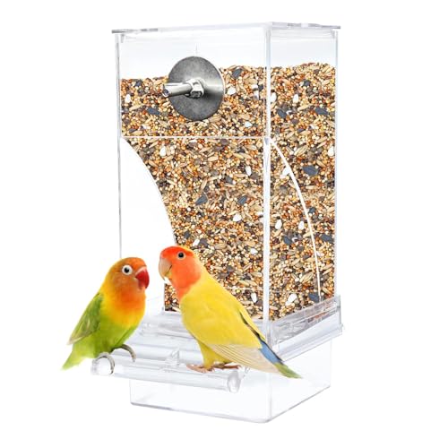kathson No-Mess Bird Feeder Parrot Integrated Automatic Feeder Seed Food Container Acrylic Finch Foraging Feeders with Perch Cage Accessories for Small Birds Parakeet Canary Cockatiel Lovebirds - color: Clear