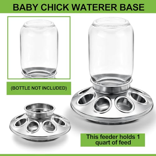 Potchen 2 Pcs Baby Chick Feeder Base, Galvanized Steel Poultry Feeding Tray with 8 Holes, 1 Quart Compatible with Mason Jars & Standard Feeder Jars for Small Birds Chicks - style: Feeder