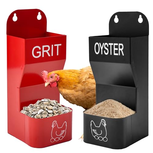 2 Pack Chicken Oyster Shell Feeder and Grit Device, Corner Chicken Feeder, Coop Accessories, Suitable for Hens and Chicks (Black + Red - 2)