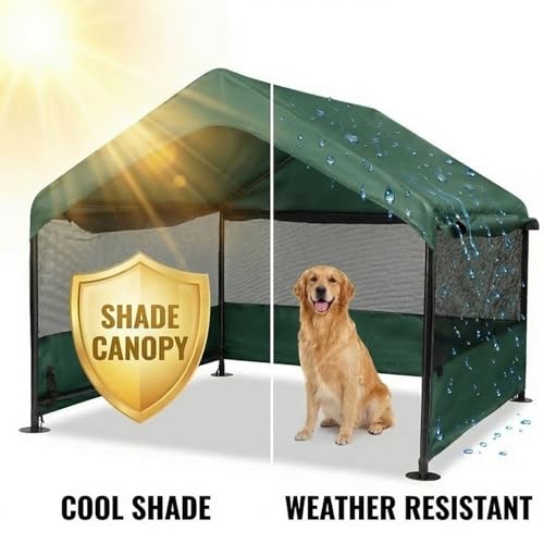 Dog Tent House Outdoor Shade 4'x4'x3' Shelter for Large Medium Pets,Outside Sun Rain Waterproof Canopy with Three-Sided Breathable Mesh Windows,Livestock House with Ground Nails,Deep Green - color: Deep Green with Breathable Mesh Windows