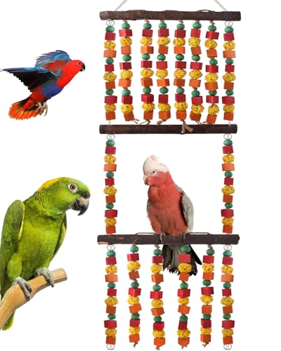 DBNESS 43" Extra Large Bird Parrot Toys, Multicolored Wooden Blocks Chewing Toy with Rattan Balls and Perches for Eclectus, African Greys, Cokatoos, Amazon Parrots