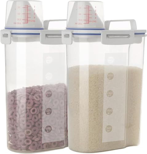 2 Pcs 5.5 LB Rice Storage Container, Airtight Cereal Flour Dispenser with Pouring Spout & Measuring Cup, Kitchen Plastic Clear Dry Food Storage Bin for Grain Oatmeal Snacks Pet Dog Food | BPA Free, Airtight Lid, See Through, with Pouring Spout, Dispenser
