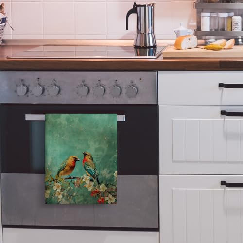 Cute Birds Kitchen Towels Decorative Set of 2 Green Dish Towels | Gifts for Bird Lovers Women, Absorbent Floral Tea Towel Spring Summer Hand Towel for Kitchen Bathroom Bar Farmhouse Decor - color: Cute Birds