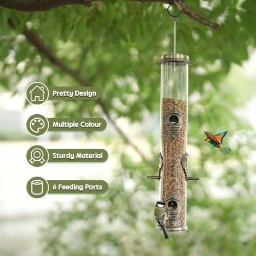 1PK Metal Wild Bird Feeder,Squirrel Proof Bird Feeders for Outside,Hanging 6 Port Tube Bird Feeder Transparent Finch Bird Feeder for Attracting Birds in Your Lawn, Garden, Balcony-Bronze - color: Bronze