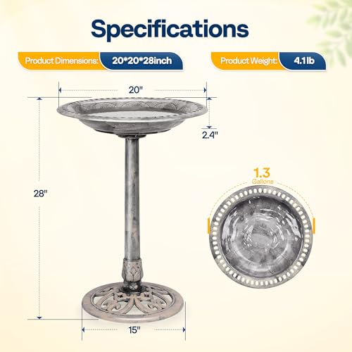 VIVOHOME Bird Bath for Outside, Polyresin Pedestal Birdbath, Gray | Weather-Resistant, 20-Inch Bowl, 28-Inch Height, for Outdoor/Garden, Bird-Friendly, Easy to Clean - color: Gray