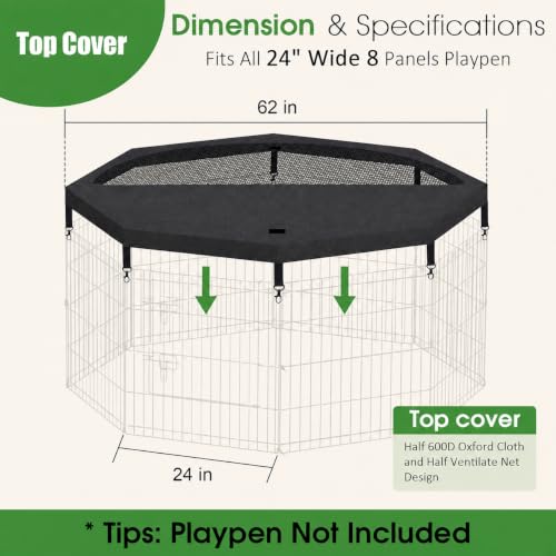 Artmalle Dog Playpen Top Cover Only, 8-Panel 24-Inch Octagonal Mesh, Black | Mesh top cover fits most 8-panel, 24-inch-wide octagonal dog pens, adding shade, airflow and jump-out protection. Cover only. - style: Top cover Black