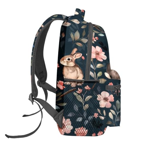Cute Bunny Backpack,Adorable Rabbit Floral Polyester Backpacks,Lightweight Double Shoulder Back Pack for Girls Women,Blossom Dark Bookbag,School Bag Gifts,Casual Travel Daypack Book Packs - color: Bunny