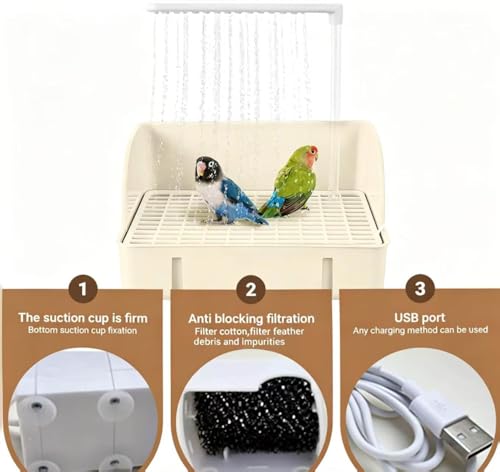 Automatic Parakeet Bird Bath with Pump,Large Bird Shower Fountain(White) | Bird Shower Fountain Indoor,Bathtub with Running Water,for Birds African Grey Amazon Conure Parakeet Cockatiel - color: White