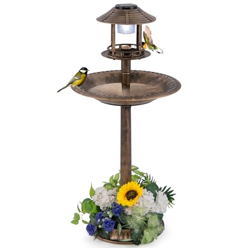 Solar Bird Bath, Pedestal Bird Bath with Bird Feeder, Flower Planter Base, and Solar Powered Lamp, Standing Birdbath for Outdoors, Garden, or Yard, 42 Inch Tall (Bronze) - color: Bronze