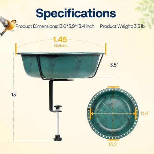 VIVOHOME Deck-Mounted Bird Bath with Adjustable Metal Clamp, Green | Weather-Resistant ABS, 1.45-Gallon Capacity, for Railing/Fence/Balcony, Bird-Friendly, Easy to Clean - color: Green, size: Birdbath Only