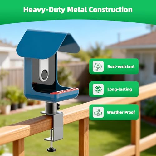 Metal Clamp-On Railing Mount Designed for BirdBuddy Pro1 /2 Smart Feeder, Heavy-Duty Adjustable Bracket Fits Deck Rails up to 3.32" Thick, for Fence, Handrail & Balcony (No Drilling)